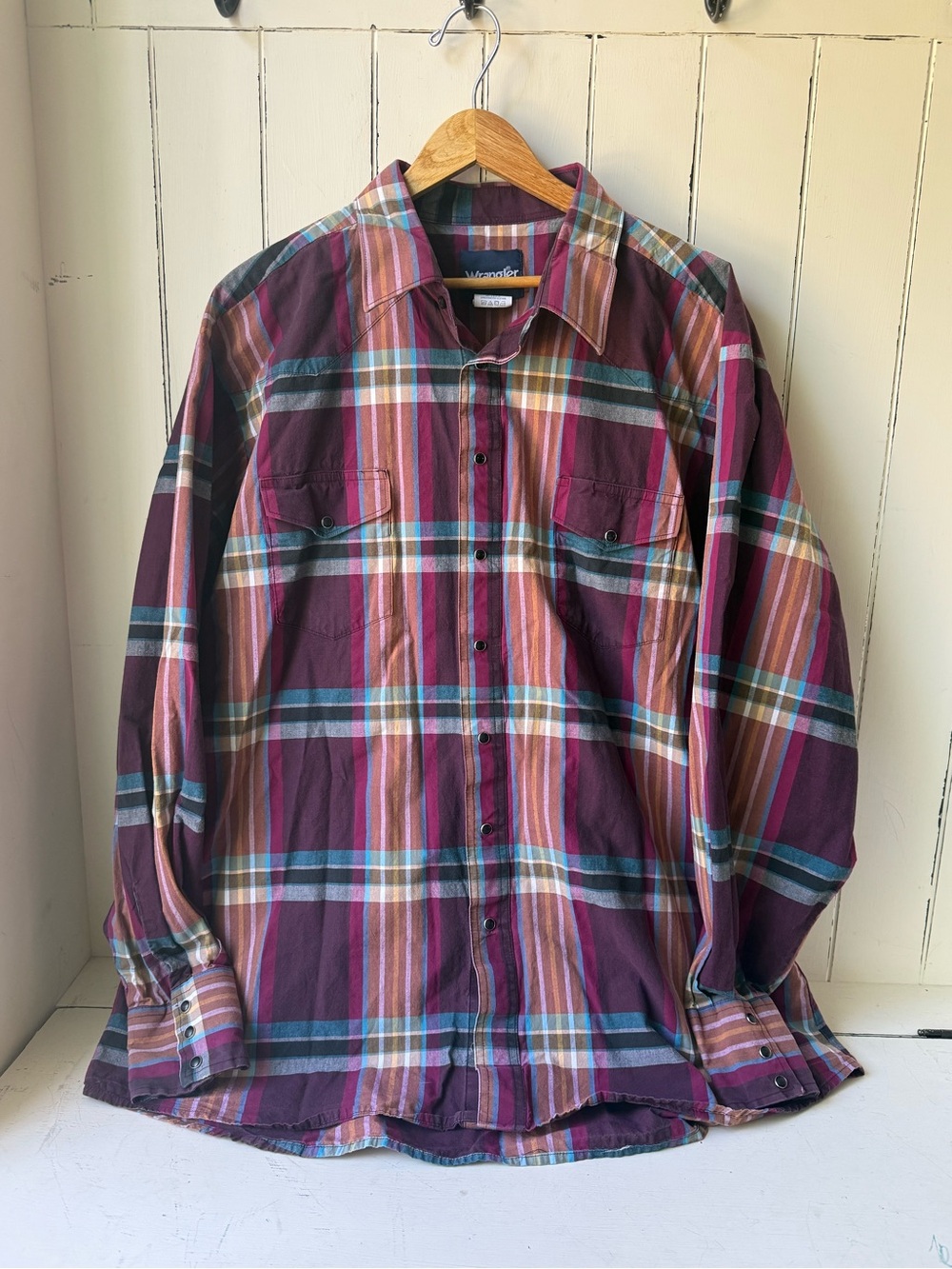 Wrangler Plaid Pearl Snap Western Shirt 2XT Tall Maroon Purple Grunge